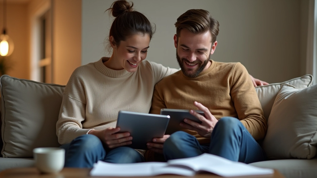 Couple reviewing financial documents together at home