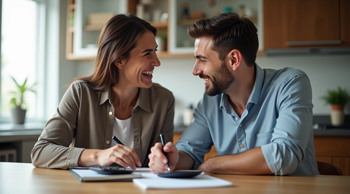 Two people reviewing budget worksheet at table with laptop and coffee
