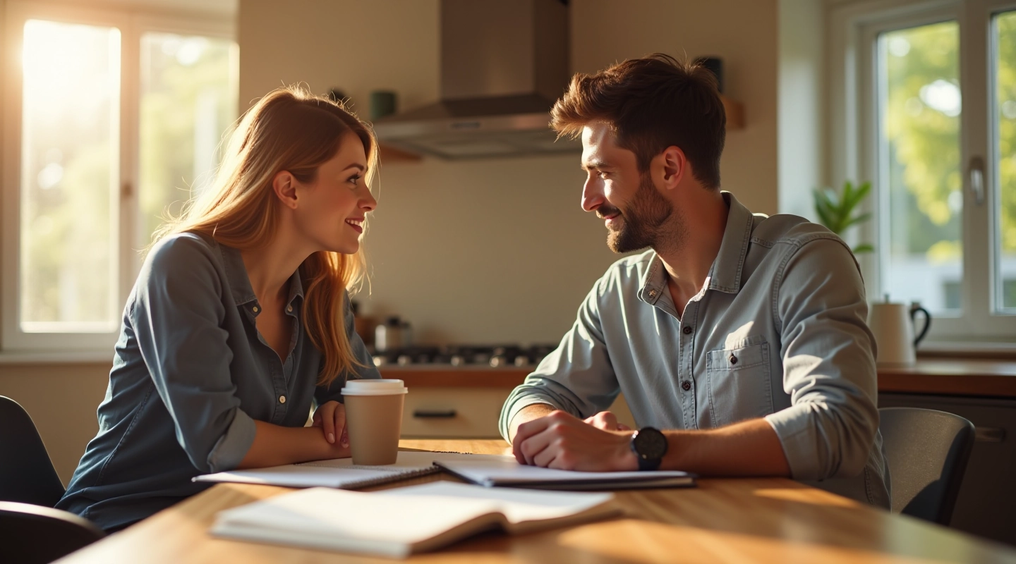Two people sitting at table with notebooks and warm beverage, having a focused conversation in bright natural lighting