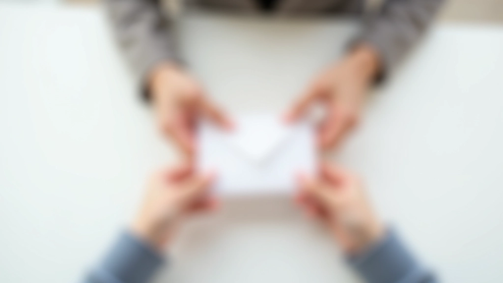 Hands exchanging envelope with financial documents on table