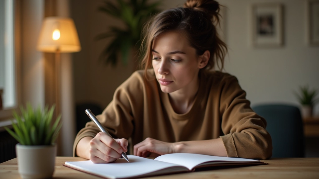 Person writing in journal at desk with warm lighting, thoughtful expression, notebook and pen in focus