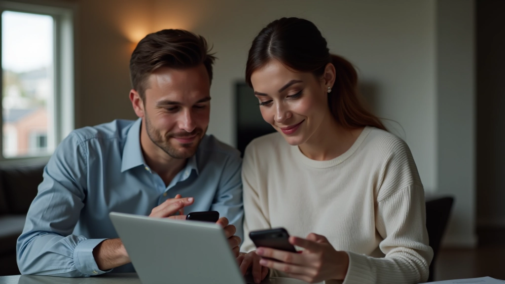 Two people looking at phone and laptop with financial apps open