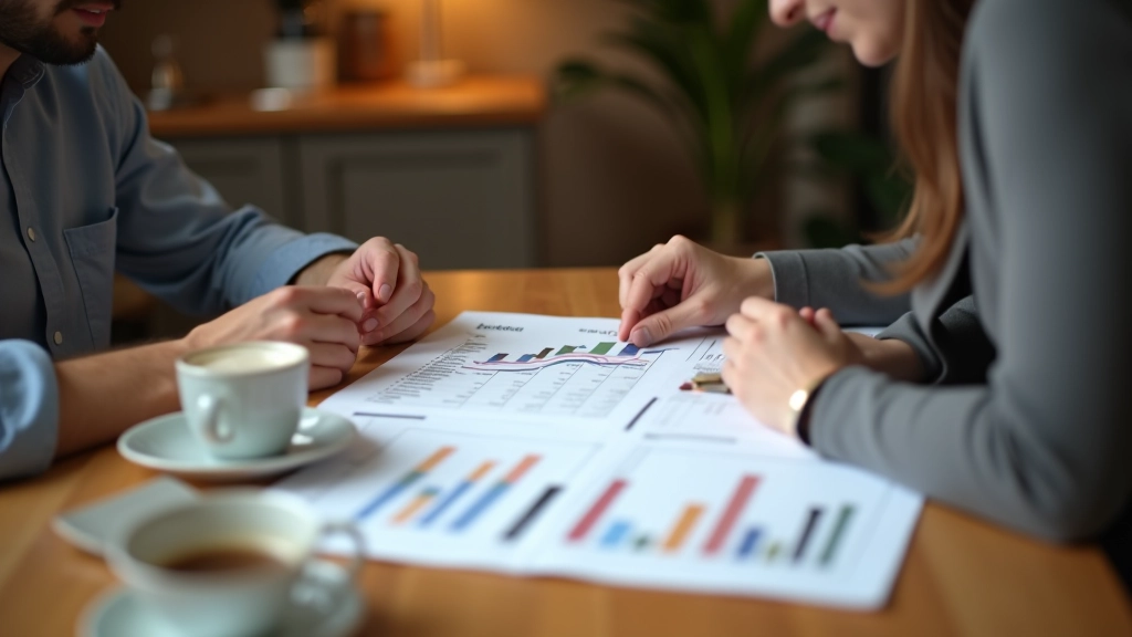 Two people reviewing a budget spreadsheet together at a kitchen table with coffee